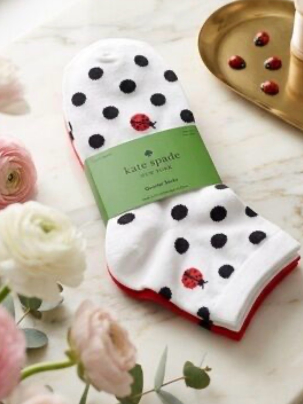 kate spade White Polka Dot Socks with Red Ladybug Accent